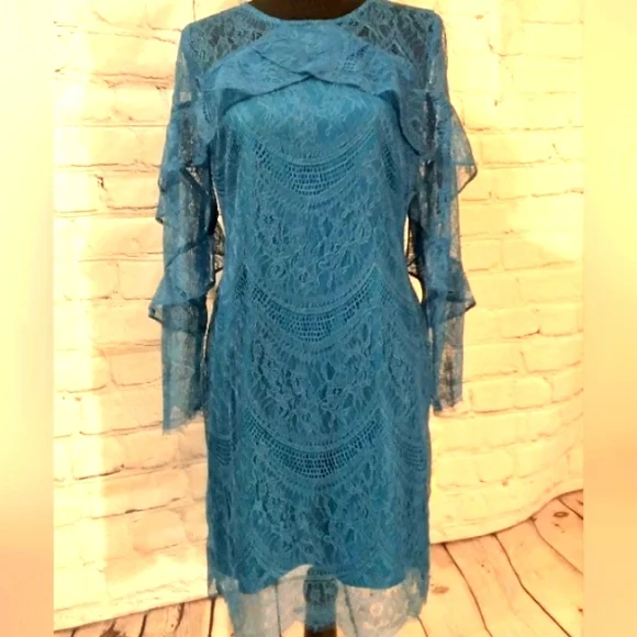LS Woven Lace Overlay ShiftDress Dragonfly Teal LS Woven Lace Overlay ShiftDress Dragonfly Teal